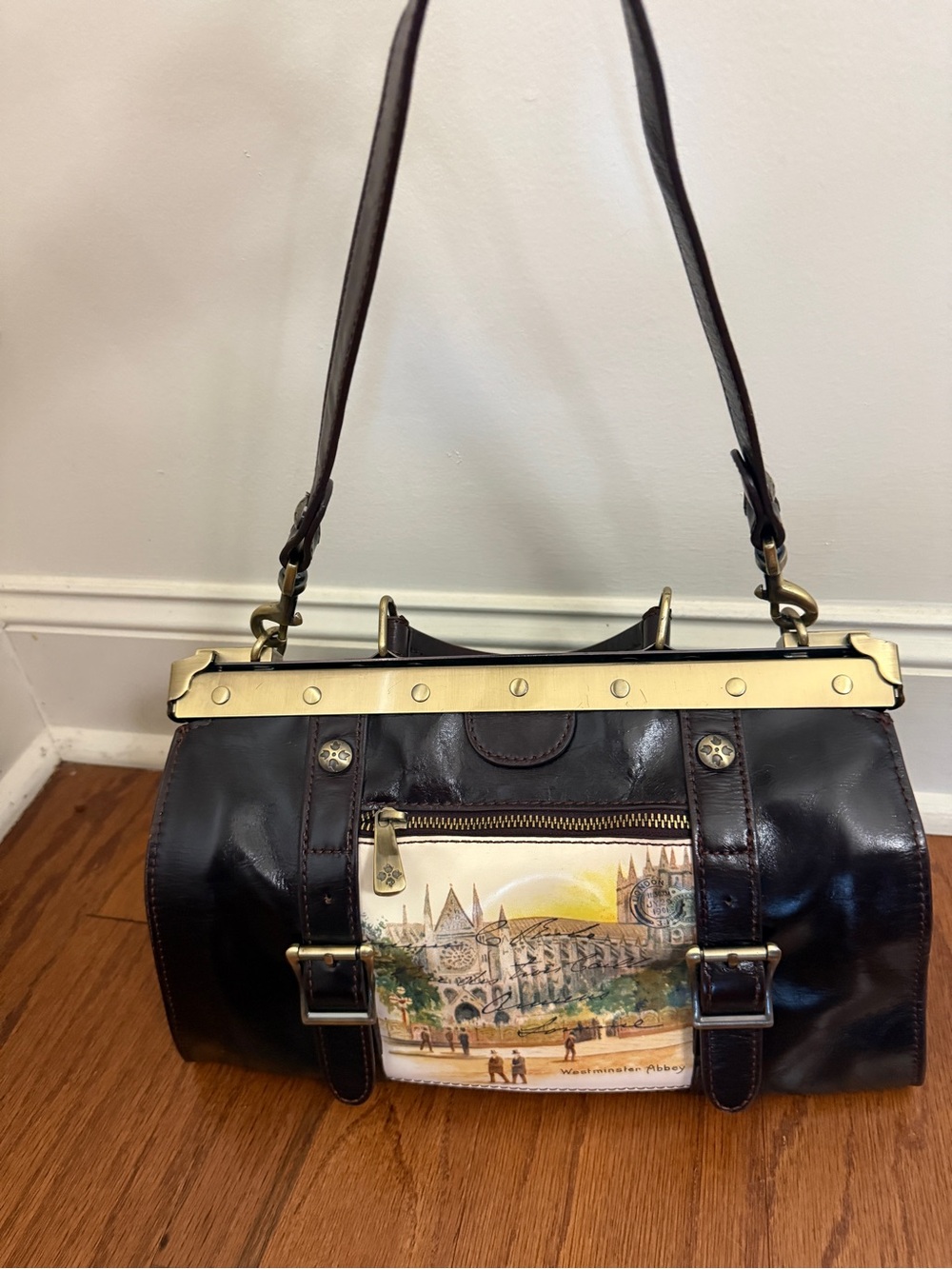Patricia Nash Dark Brown Leather Shoulder Bag with Scenic Front Panel satchel